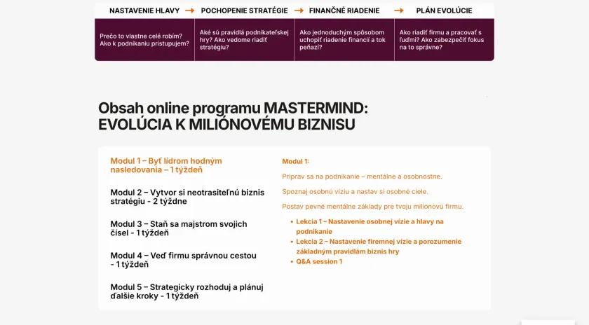 Sekcia s obsahom mastermind programu